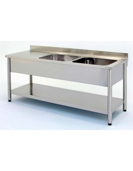 Lavatoio inox gambe tonde 2 vasche+gocc.sx Dim cm.140x60x85/90h