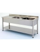 Lavatoio inox gambe tonde 2 vasche con gocciolatoio sinistro - ripiano di fondo - cm 150x60x85/90h