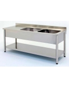 Lavatoio inox gambe tonde 2 vasche+gocciolatoio sinistro con ripiano di fondo Dim cm.180x70x85/90h