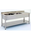 Lavatoio inox gambe tonde 2 vasche+gocc. dx Dim cm.180x60x85/90h