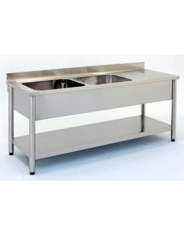 Lavatoio inox gambe tonde 2 vasche+gocc. dx Dim cm.180x60x85/90h