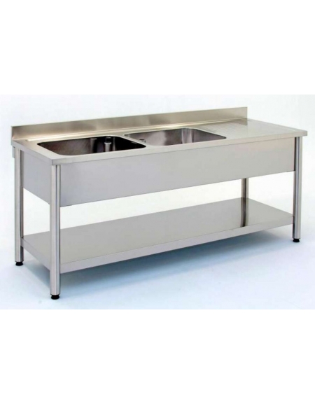 Lavatoio inox gambe tonde 2 vasche+gocc. dx Dim cm.140x60x85/90h