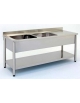 Lavatoio inox gambe tonde 2 vasche con gocciolatoio destro - ripiano di fondo - cm 170x70x85/90h
