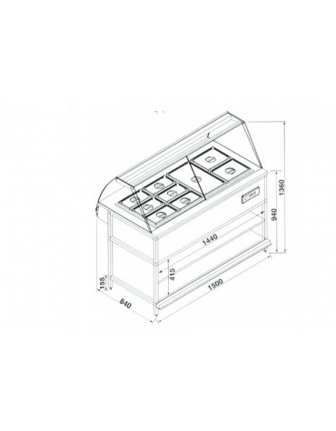 Vetrina calda Bagnomaria con vaschette da cm. 150