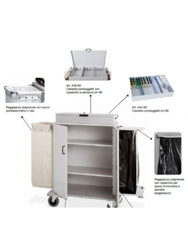 Carrello portabiancheria armadiato in lamiera di acciaio completo di cassetta Portaoggetti - cm 160x62x118h
