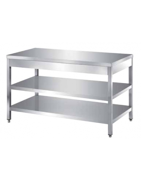 Tavolo inox con due ripiani cm. 120x70x85/90h - Profondità cm. 70 - Senza  alzatina - Tavoli inox con due ripiani inferiori - Din