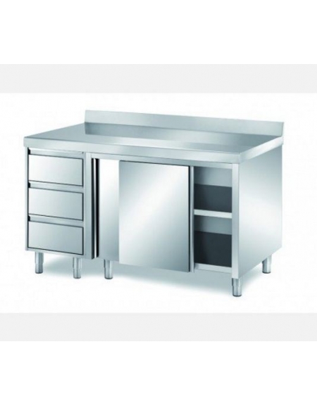 Tavolo armadiato inox con cassettiera ed alzatina cm 180x60x85h