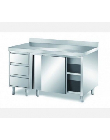 Tavolo armadiato inox con cassettiera ed alzatina cm 200x60x85h