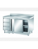 Tavolo armadiato inox con cassettiera ed alzatina cm 160x60x85h