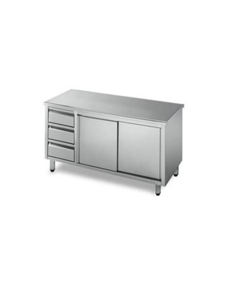 Tavolo armadiato inox con cassettiera a 3 cassetti cm 190x60x85h