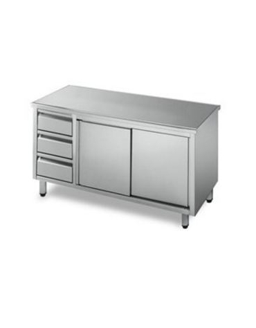 Tavolo armadiato inox con cassettiera a 3 cassetti cm 150x70x85h