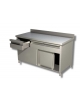 Tavolo armadiato inox con cassettiera sotto piano ed alzatina - Ante scorrevoli - cm 150x60x85/90h