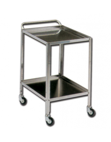 Carrello medicazione inox, con maniglia, 2 ripiani, 4 rotelle girevoli Ø cm 6 - cm 60x40x81h