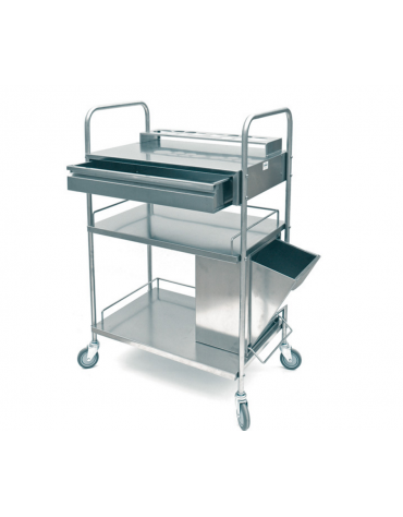 Carrello medicazione inox, 3 ripiani, cestino rifiuti, reggi bottiglie, 4 rotelle - cm 79x50x120h