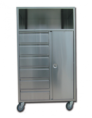 Carrello ospedaliero anestesia inox satinato, 6 cassetti, 1 ripiano aperto - cm 60x40x110h