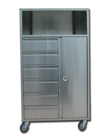 Carrello ospedaliero anestesia inox satinato, 6 cassetti, 1 ripiano aperto - cm 60x40x110h