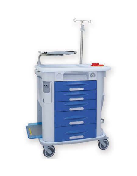 Carrello emergenza - 5 cassetti - asta portaflebo, porta defibrillatore, tavola per massaggio cardiaco - cm 77,5x71x92h