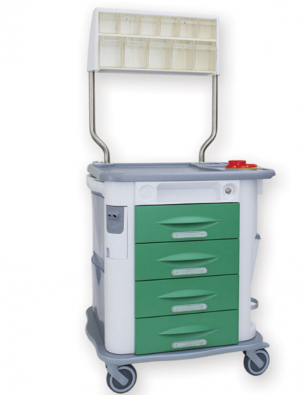 Carrello terapia AURION, verde, con 4 cassetti e cassetti superiori a 11 scomparti - cm 77,5x71x92h