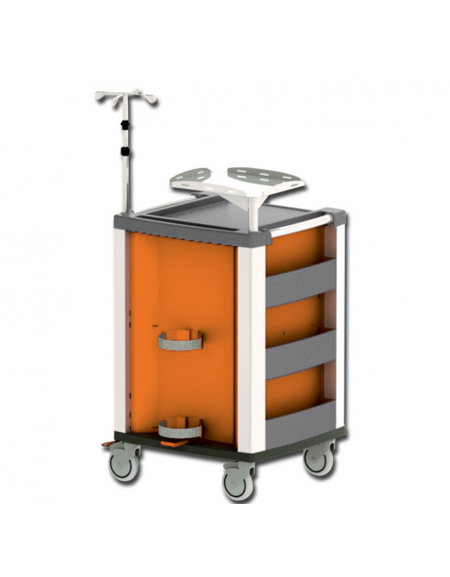 Carrello emergenza - con asta porta flebo a 4 ganci, ripiano porta defibrillatore e porta bombola - arancione - cm 60,5x65,5x97h