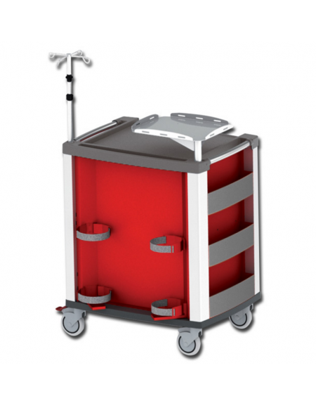 Carrello emergenza - con asta porta flebo a 4 ganci, ripiano porta defibrillatore e porta bombola - rosso - cm 60,5x80,5x97h