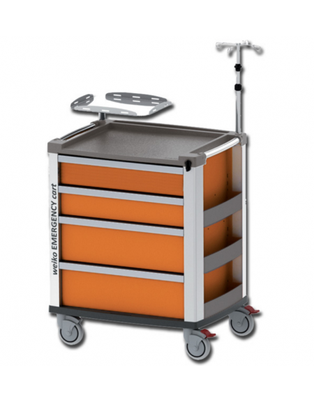 Carrello emergenza - con asta porta flebo a 4 ganci, ripiano porta defibrillatore e porta bombola - arancione - cm 60,5x80,5x97h