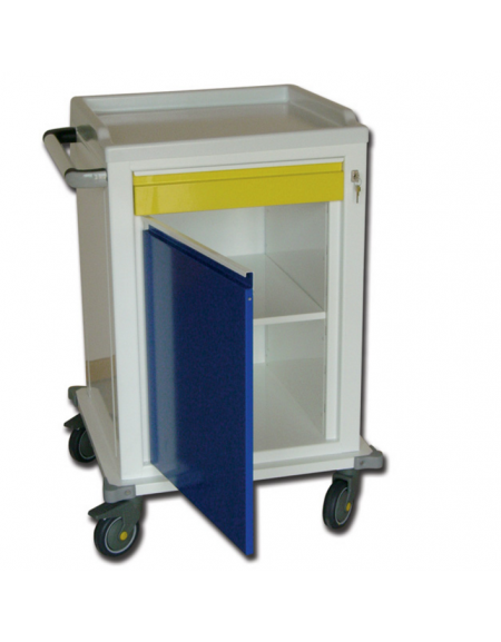 Carrello ospedaliero modulare in acciaio verniciato, struttura monoblocco - 1 cassetto + 1 ripiano - cm 67x63x104h