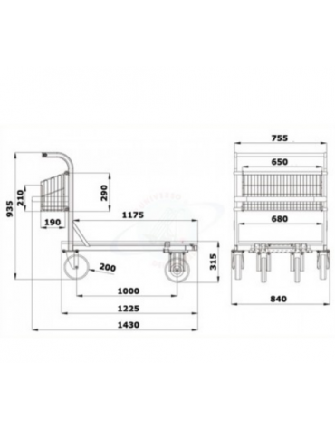 Carrello con pianale in acciaio inox AISI 304 4 ruote (2 fisse - 2 girevoli) gomma piena Ø cm - 20 - cm piano mm 70x110