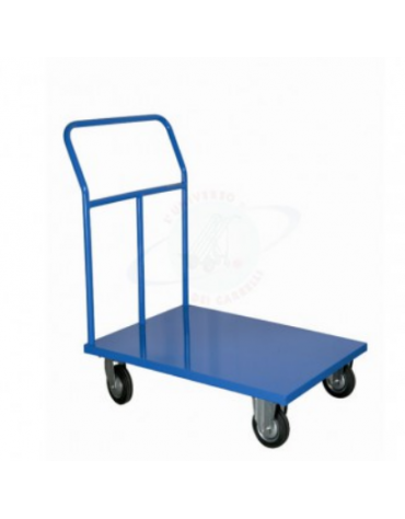 Carrello con pianale in lamiera 15/10, 4  ruote ( 2 fisse - 2 girevoli) in gomma piena, 2 con freno Ø cm 12,5 - cm  50x80