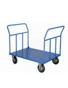 Carrello con pianale in lamiera 20/10, doppia sponda - 4 ruote girevoli cm Ø20 gomma industriale, 2 con freno - piano cm 80x120