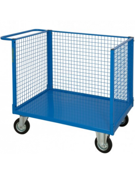 Carrello con pianale a 3 sponde in rete - 4 ruote Ø cm 14 (2 fisse - 2 girevoli) gomma piena, 2 ruote con freno - cm 60x90x81h
