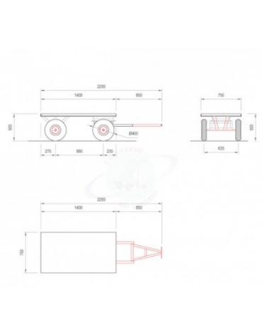 Carrello a rimorchio con ralla sterzante con timone/occhione - 4 ruote pneumatiche Ø cm 40 - cm 140/225x75x50