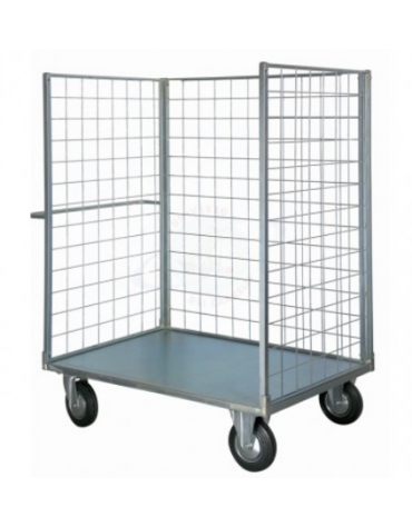 Carrello con pianale verniciato a 3 sponde - 4 ruote (2 fisse - 2 girevoli) gomma piena, 2 con freno Ø cm 20cm 77,5x115x132h