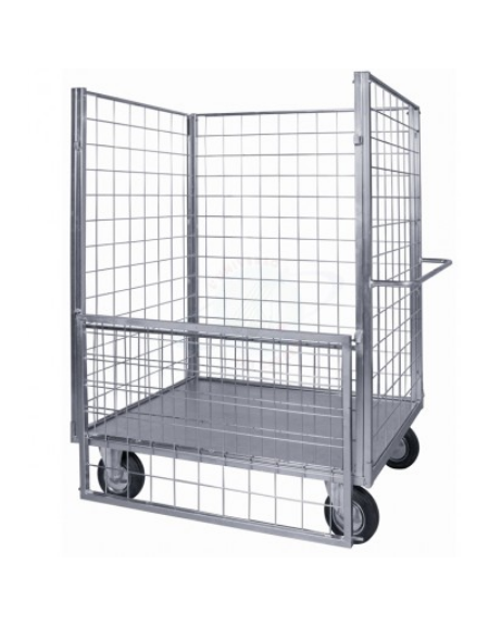 Carrello con pianale verniciato a 4 sponde di cui 1 ribaltabile, 4 ruote girevoli di cui 2 con freno Ø cm 20 - cm 75x115x132h