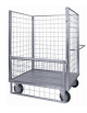 Carrello con pianale verniciato a 4 sponde di cui 1 ribaltabile, 4 ruote girevoli di cui 2 con freno Ø cm 20 - cm 75x115x132h
