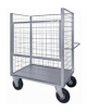 Carrello con pianale verniciato a 4 sponde - 1 ribaltabile - 4 ruote girevoli pneumatiche  - 2 con freno Ø cm 26 - cm 75x115x132