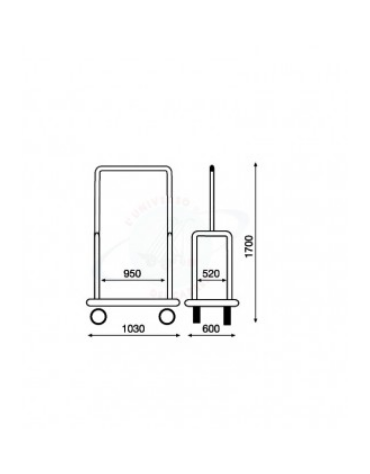 Carrello portabagagli "bus" in acciaio cromato piano in moquette rossa 4 ruote in gomma - cm  Ø 20 - cm 60x103x170h