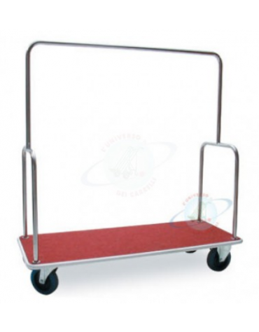 Carrello portabagagli "bus" in acciaio inox piano in moquette rossa -  4 ruote in gomma blu - Ø 20 - cm  60x103x170h