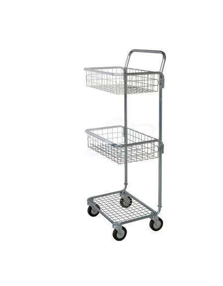 Carrello distribuzione documenti - 4 ruote gomma piena girevoli Ø cm 10 - 2 cesti e base cromati - cm 47x44x123h