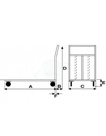 Carrello con pianale in lamiera con manico pieghevole - 4 ruote girevoli in gomma piena, 2 con freno Ø - cm 12,5 - cm 50x80x90h