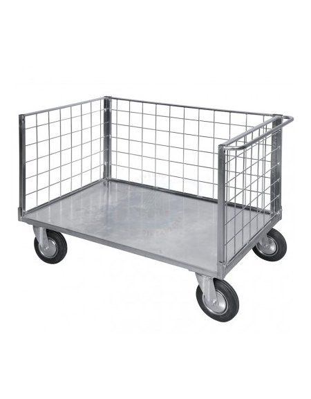 Carrello con pianale - 3 sponde in rete zincata, 4 ruote (2 fisse - 2 girevoli) - 2 ruote con freno Ø cm 20 - cm  77,5x115x60,5h
