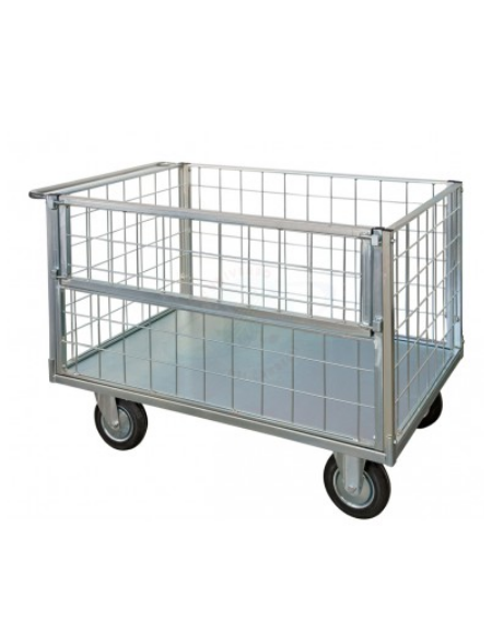 Carrello con pianale - 4 sponde in rete zincata di cui 1 ribaltabile 4 ruote gomma piena Ø cm 20 - cm 75x115x65h
