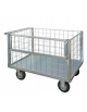 Carrello con pianale a 4 sponde in rete verniciata di cui 1 ribaltabile, 4 ruote girevoli gomma piena Ø cm  20 - cm 75x115x65h