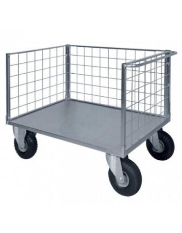 Carrello con pianale - 3 sponde in rete zincata - 4 ruote(2 fisse-2 girevoli) pneumatiche Ø cm 26 - cm 77,5x115x60,5h