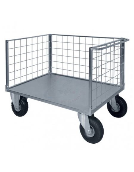 Carrello con pianale - 3 sponde in rete zincata ruote pneumatiche, 4 girevoli pneumatiche Ø cm 26 - cm 77,5x115x60,5h