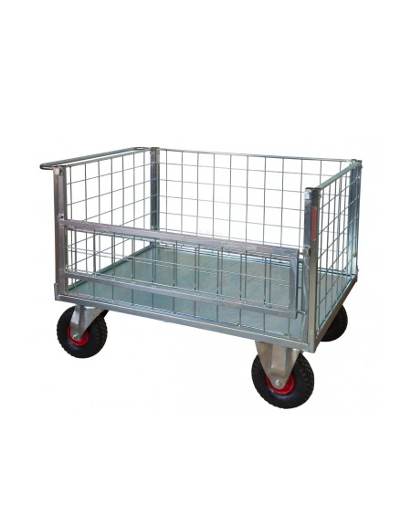 Pianale a 4 sponde - 1 ribaltabile in rete verniciata, 4 ruote girevoli di cui 2 con freno pneumatiche, Ø cm 26 - cm 75x115x60,5