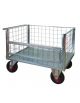 Pianale a 4 sponde in rete verniciata, 1 ribaltabile - 4 ruote pneumatiche girevoli, 2 con freno - dim. utili cm 75x115x60,5h