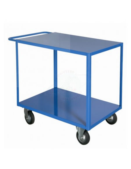 Carrello portatutto a 2 piani, lamiera 20/10, 4 ruote ( 2 fisse - 2 girevoli) gomma piena, 2 con freno Ø cm 14 - cm 60x90x87h