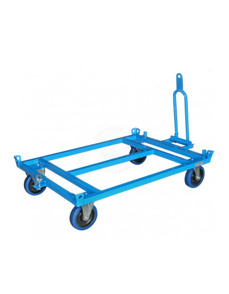Carrello rimorchio porta europallet basso 4 ruote in gomma elastica blu Ø cm 20x5 (2 fisse + 2 girevoli) cm 140x85x32h