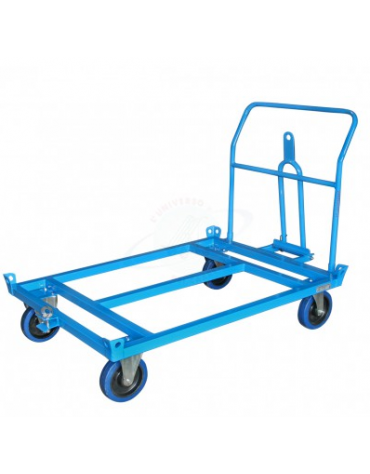 Carrello rimorchio porta europallet basso 4 ruote in gomma elastica blu Ø cm 20x5 (2 fisse + 2 girevoli) cm 140x85x32h