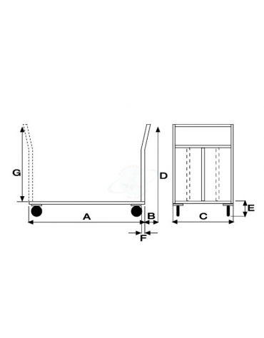 Pianale in lamiera 20/10 2 sponde - 1 fissa e 1 rimovibile - 4 ruote (2 fisse - 2 girevoli) pneumatiche, 2 con freno - cm 80x120